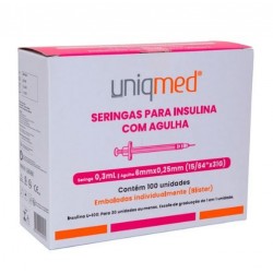 UNID SERINGA INSULINA 0,3ML C/AG FIXA 6X0,25 31G CX/100 - UNIQMED
