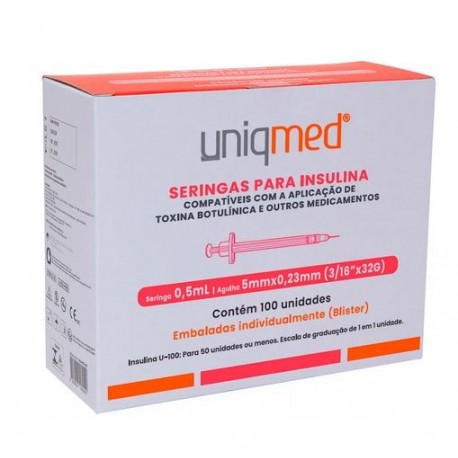 UNID SERINGA INSULINA 0,5ML C/ AG FIXA 5X0,23 32G CX/100 - UNIQMED